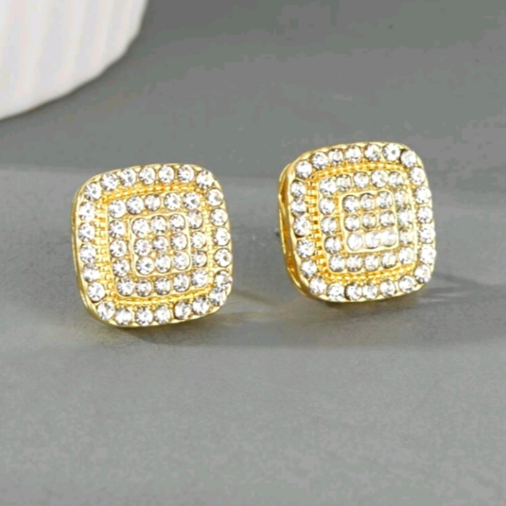 GOLD FLASHY ICED OUT CUBAN  SQUARE EARRINGS NEW